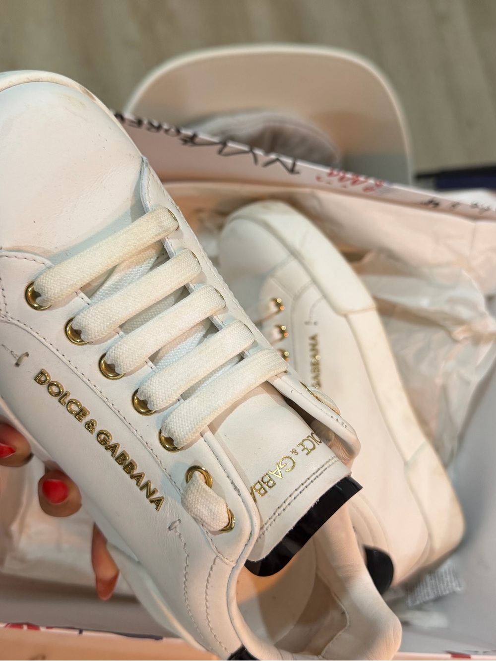 Dolce & Gabbana White Leather Sneakers with Black Heel Accent and Gold Hardware - Picture 4 of 7